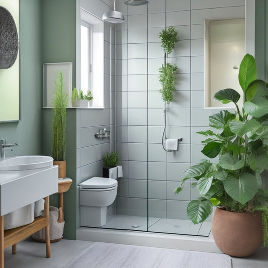 A serene bathroom corner with a curved glass shower enclosure, a wall-mounted sink, and a minimalist toilet, surrounded by sleek grey tiles, a chrome towel rail, and a few lush green plants.