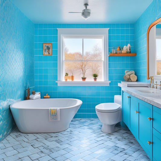 A bright, airy bathroom with turquoise walls, white shiplap ceiling, and hexagonal tiles in a bold, geometric pattern, featuring a freestanding tub and a sleek, modern sink.