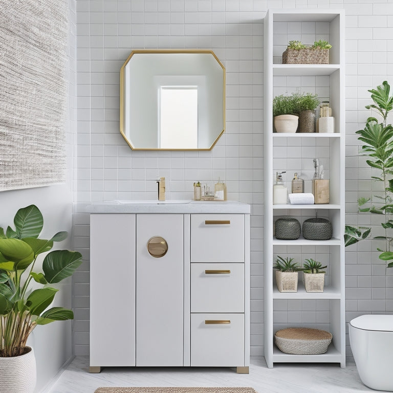 A modern bathroom with a sleek, white wall featuring a combination of floating shelves, woven baskets, and a geometric-patterned storage cabinet, surrounded by lush green plants and soft, warm lighting.