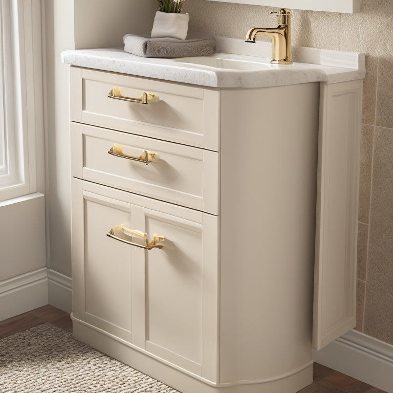 A close-up of a pedestal sink with a sleek, white storage cabinet installed underneath, featuring two soft-close drawers and a polished chrome handle, surrounded by beige tiles and a hint of natural light.