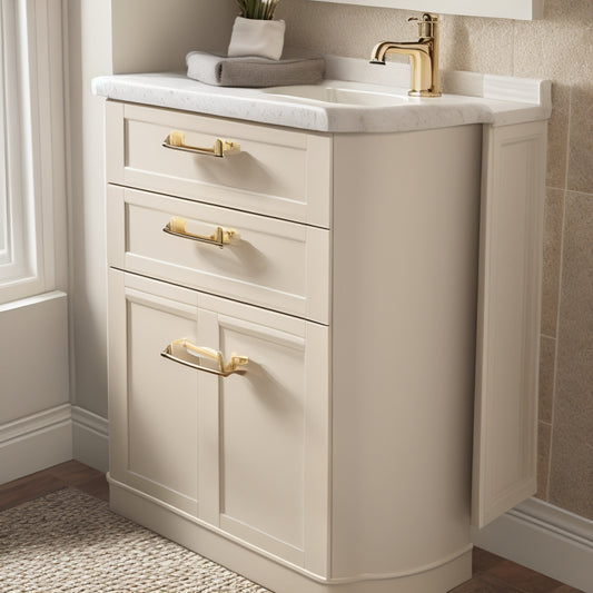 A close-up of a pedestal sink with a sleek, white storage cabinet installed underneath, featuring two soft-close drawers and a polished chrome handle, surrounded by beige tiles and a hint of natural light.