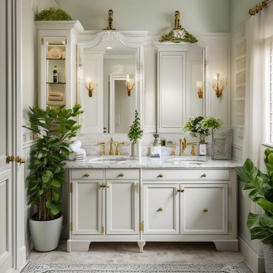 A beautifully styled bathroom with three varying sizes of white wooden medicine cabinets, each adorned with ornate hardware and surrounded by elegant lighting, mirrors, and lush greenery.