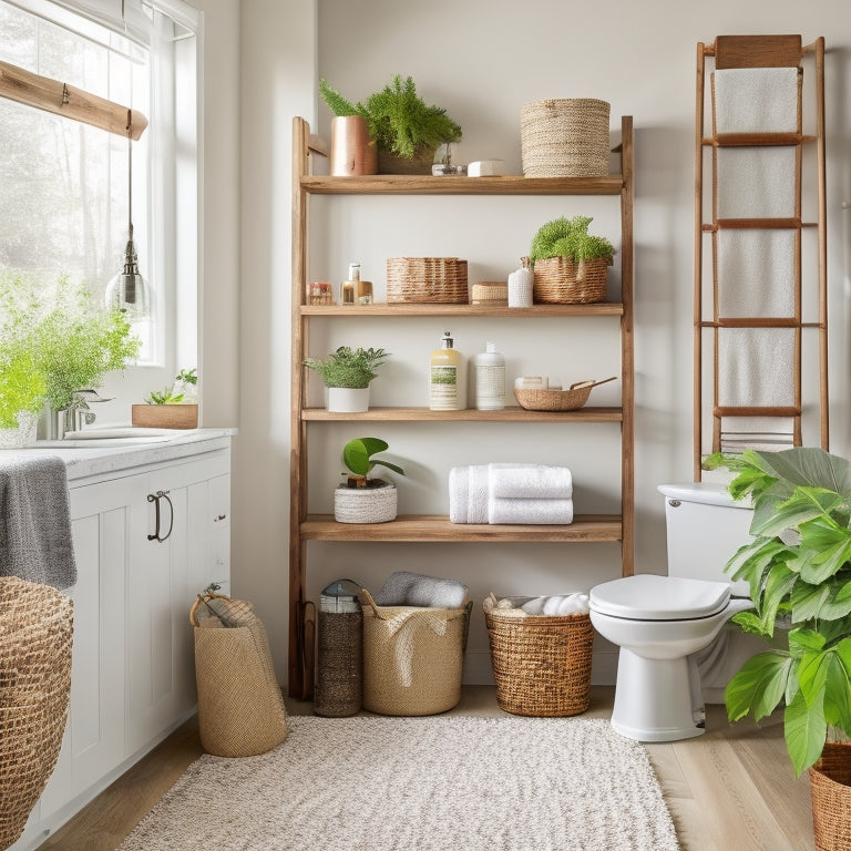 A clutter-free bathroom with a mix of modern and rustic elements, featuring a reclaimed wood shelving unit above a sink, woven baskets, and a copper-toned metal storage ladder against a soft, white background.