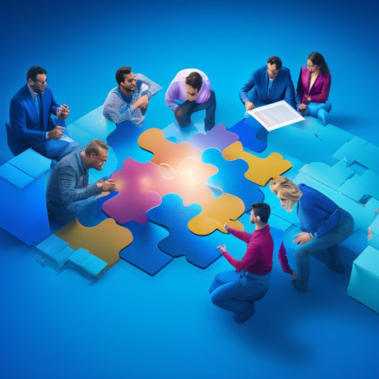 An illustration of diverse professionals gathered around a large, glowing puzzle piece, with smaller pieces floating above, interconnected by sparks and lightbulbs, set against a bright, gradient blue background.