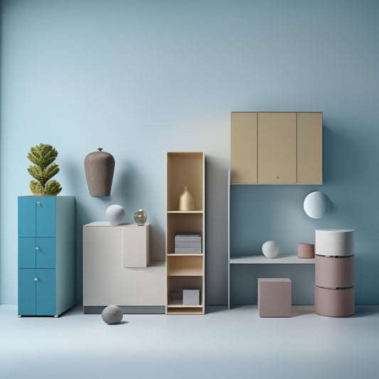 An illustration of a room with pedestals of varying shapes and sizes, each with cleverly integrated storage compartments, such as drawers, shelves, and secret compartments, in a minimalist, modern aesthetic.