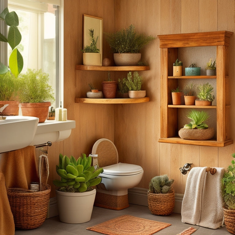 A cozy bathroom corner featuring wall-mounted rustic wooden shelves, adorned with potted succulents, neatly rolled towels, and vintage toiletries, against a backdrop of soft, neutral-toned walls and natural light streaming in.