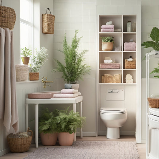 A stylish bathroom featuring an elegant over-the-toilet shelving unit, adorned with potted plants, neatly stacked towels, and decorative baskets, all set against soft pastel walls and a cozy, inviting atmosphere.