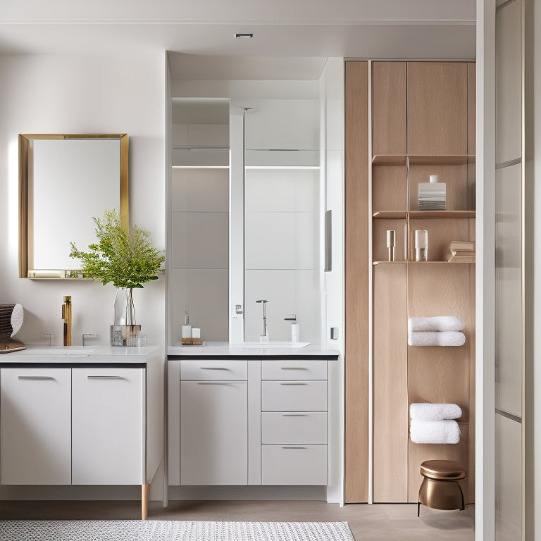 A sleek, modern bathroom featuring a tall, narrow cabinet with multiple shelves, mirrored doors, and integrated lighting, surrounded by minimalist decor, soft neutral tones, and elegant storage solutions maximizing every corner.