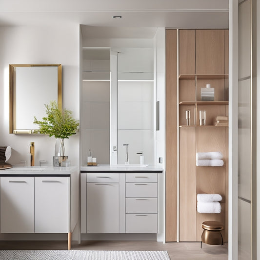 A sleek, modern bathroom featuring a tall, narrow cabinet with multiple shelves, mirrored doors, and integrated lighting, surrounded by minimalist decor, soft neutral tones, and elegant storage solutions maximizing every corner.