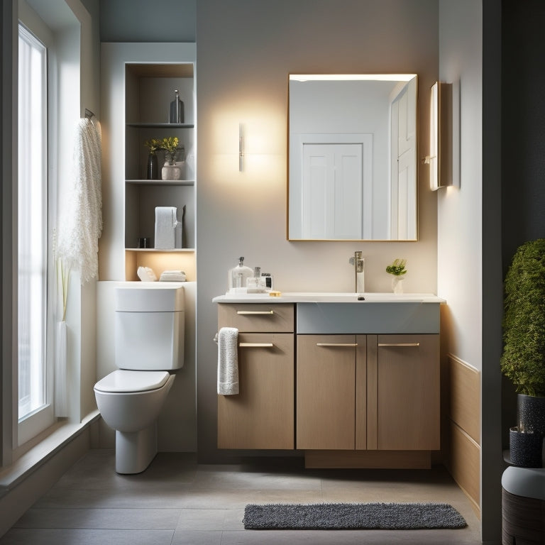 A well-lit, modern bathroom with a sleek, wall-mounted cabinet above the toilet, a pedestal sink with a slide-out drawer, and a recessed shelf behind a hinged mirror.