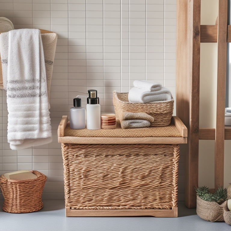 A clutter-free bathroom with a repurposed wooden crate turned into a storage shelf under the sink, accompanied by a woven basket holding toiletries on a nearby countertop.