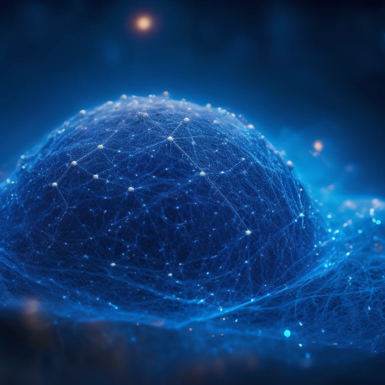 A futuristic, glowing blue neural network sprawls across a dark background, with pulsing connections and swirling clouds of data orbiting a central, radiant core.