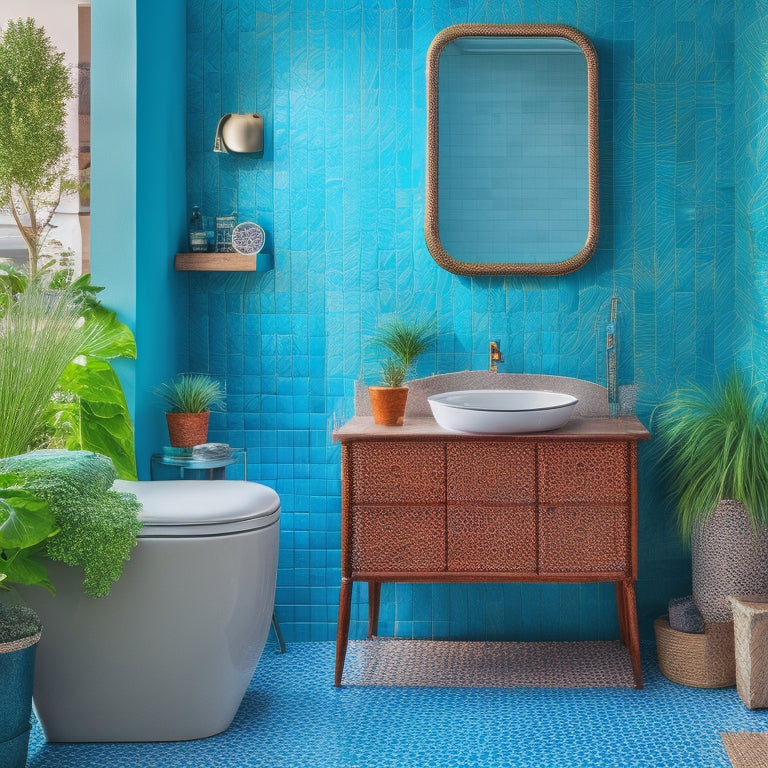 A bathroom with a vibrant turquoise accent wall, eclectic mix of patterned tiles, and a freestanding tub adorned with a lush greenery installation, surrounded by unique decorative accessories and modern fixtures.