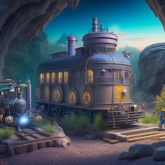 A whimsical illustration of Groundbreaker Station, featuring a steam-powered locomotive with vines crawling up its wheels, surrounded by curious, helmet-clad adventurers and hidden sandbox caverns filled with glowing crystals.