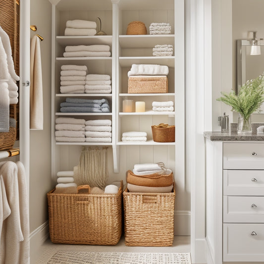 A serene, well-lit bathroom closet with sleek, white shelves, chrome handles, and a mix of woven baskets and clear storage bins, showcasing a perfectly organized space with ample storage.