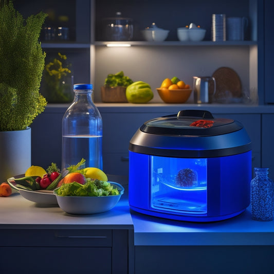 A sleek, modern kitchen counter with a compact, futuristic food recycler unit featuring a glowing blue LED ring, surrounded by vibrant fruits and vegetables, and a few scraps of food waste awaiting transformation.