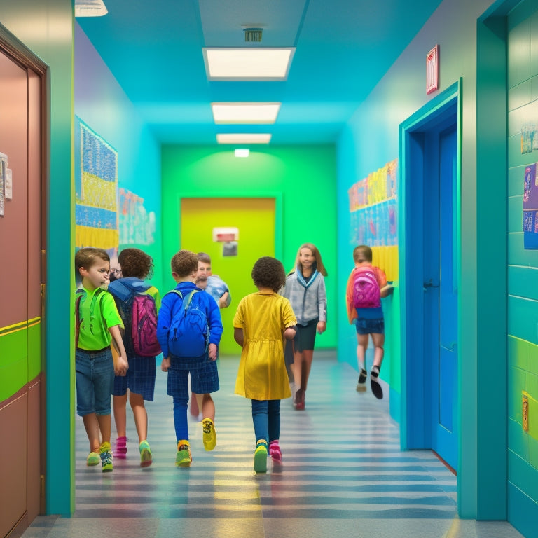 An illustration of a school hallway with multiple students of different ages and abilities quickly and easily entering and exiting bathroom stalls with bright, colorful, and well-organized interior designs.