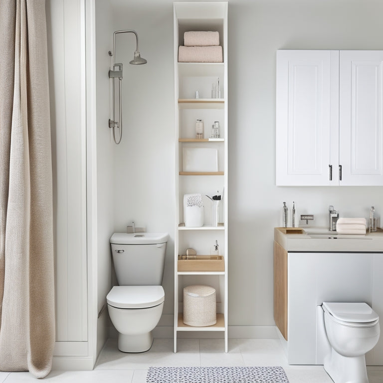 A tidy, minimalist bathroom with a pedestal sink, surrounded by clever storage solutions: a step stool with built-in shelves, a hanging caddy on the shower curtain, and a recessed medicine cabinet.