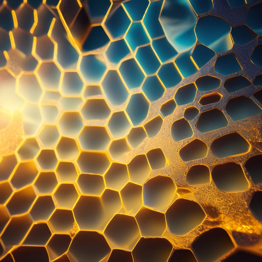 A futuristic, honeycomb-shaped structure radiates warm golden light, surrounded by swirling brushstrokes of vibrant colors, with artistic tools and digital devices embedded within its hexagonal cells.