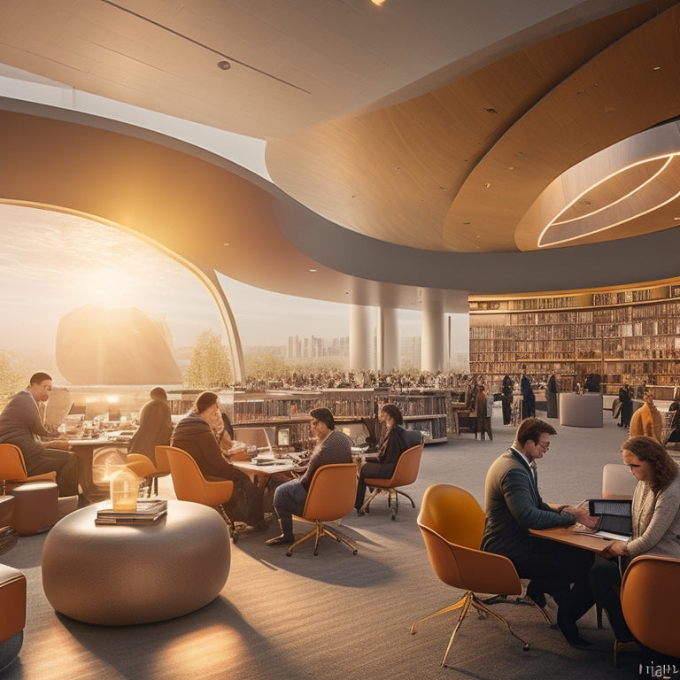 A warm, golden light illuminates a stylized, modern academic setting with a large, glowing core at its center, surrounded by orbiting digital devices and open books.