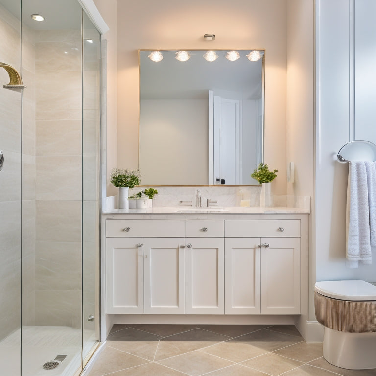 A sleek, modern white bathroom with a large, recessed medicine cabinet featuring soft-close doors, ambient LED lighting, and a decorative trim, surrounded by gleaming chrome fixtures and crisp, white tiles.