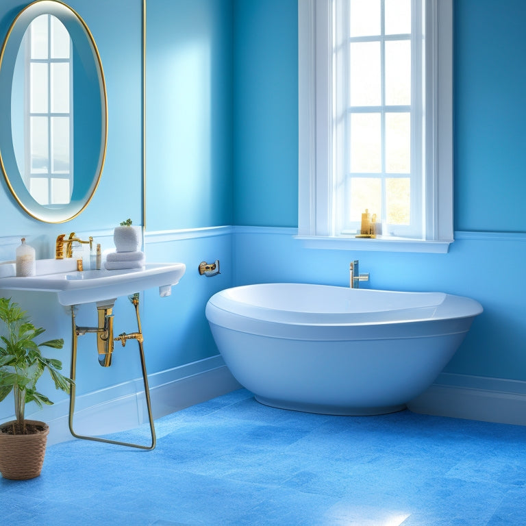 A serene bathroom scene featuring a floor-mounted tub with sleek, curved lines, surrounded by marble tiles, a rainfall showerhead, and a minimalist faucet, set against a calming, soft-blue background.