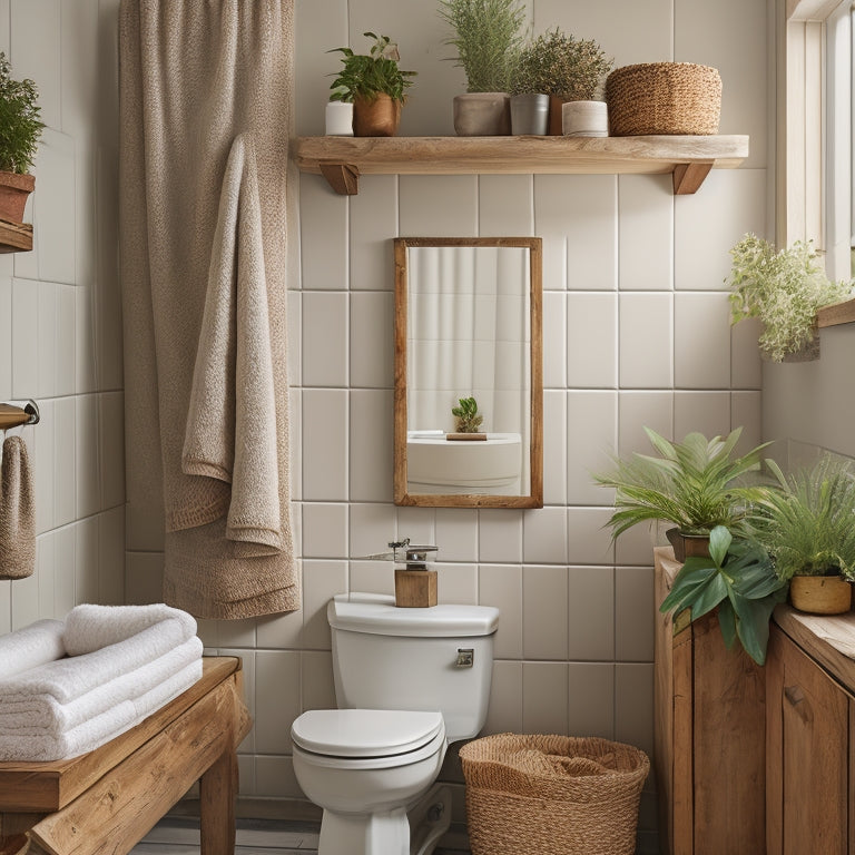 A cozy bathroom scene featuring rustic wooden shelving above a toilet, adorned with potted plants, vintage jars, and rolled towels, all set against a textured, neutral wall with soft natural lighting.