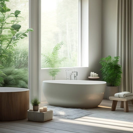 A serene, minimalist bathroom with a freestanding tub, surrounded by lush greenery, with a wooden stool and a few rolled towels, illuminated by soft, warm morning light.