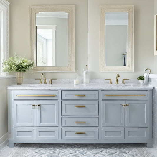 A modern bathroom with a sleek, white, double-sink vanity featuring soft-close drawers, ornate metal hardware, and a spacious, open shelf beneath the sink, set against a calming, light gray background.