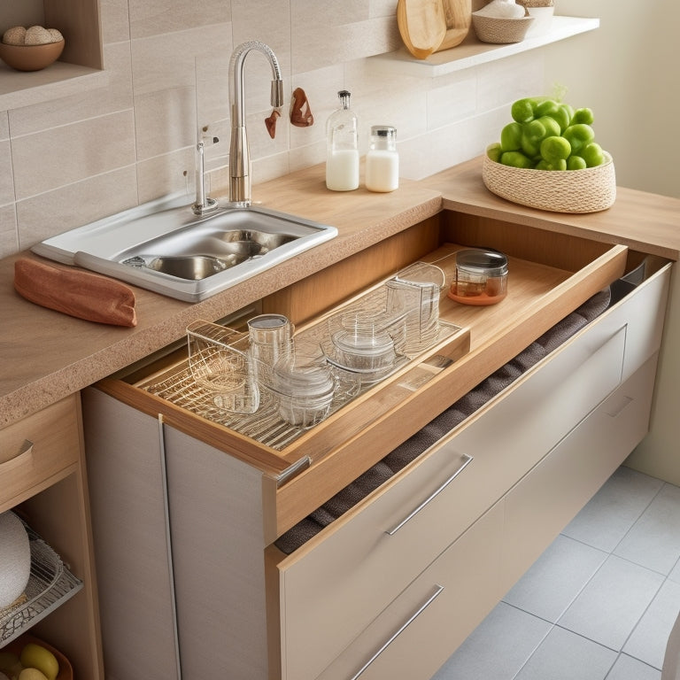 A sleek, modern kitchen sink area with a sliding drawer underneath, containing a tiered organizer with baskets and dividers, surrounded by a warm, neutral-toned backdrop.