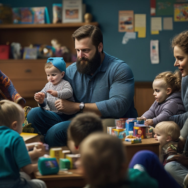 A warm, well-lit classroom scene with a gentle, bearded male teacher cradling an infant, surrounded by diverse students actively engaged in caregiving activities, amidst a backdrop of toys, books, and educational materials.