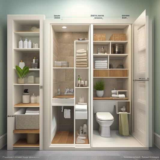 A cutaway illustration of a bathroom wall with recessed storage compartments, showcasing step-by-step construction: framed opening, installed shelving, and finished interior with decorative trim and lighting.