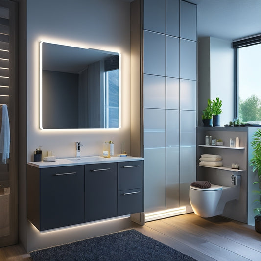 A sleek, modern bathroom with a wall-mounted, LED-lit, mirrored cabinet, a recessed medicine cabinet with a slide-out drawer, and a floating vanity with hidden storage compartments.