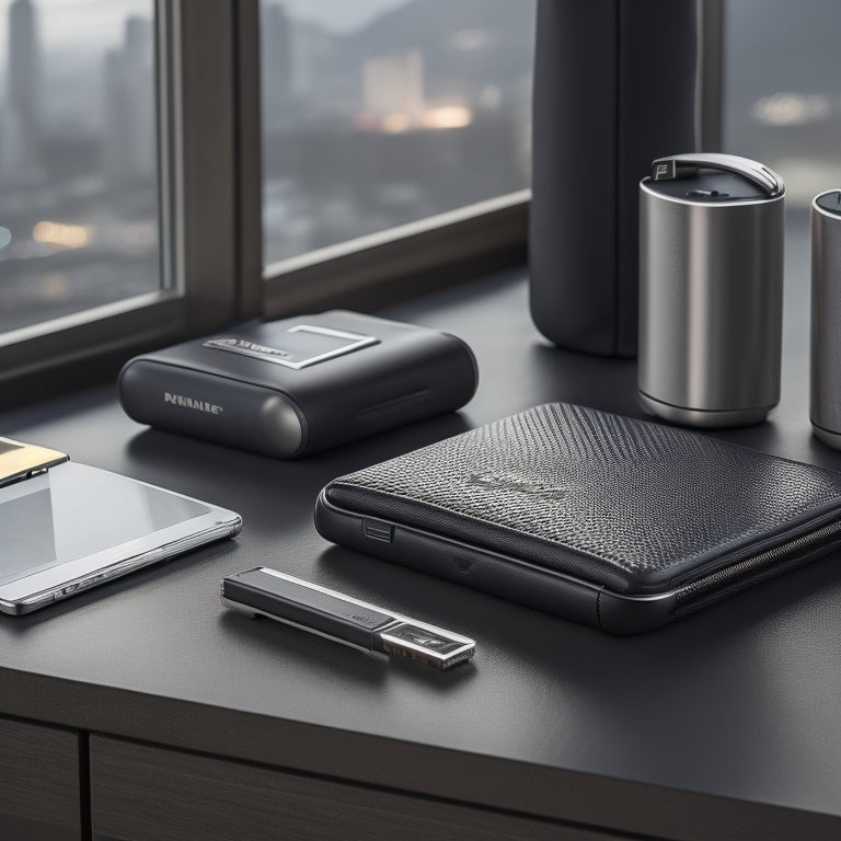 A sleek, silver luggage set, passport, and boarding pass on a black leather tray, surrounded by a black wireless headphone, a portable power bank, and a travel wallet with a subtle cityscape background.