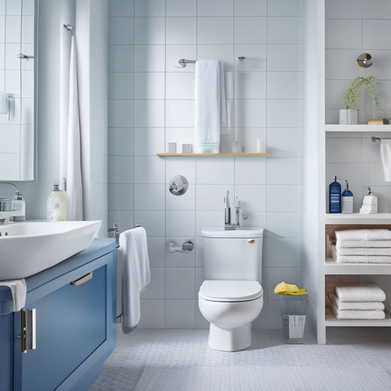 A tidy bathroom with a gleaming sink, toilet, and shower, surrounded by cleaning supplies and a clipboard with a partially filled-out checklist, set against a soft blue background with subtle water splashes.