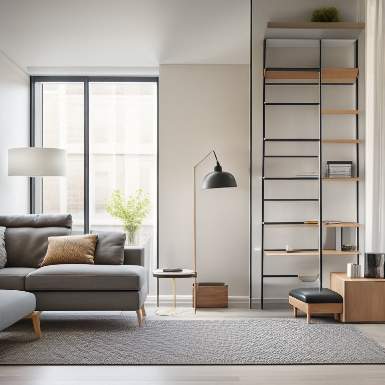 A minimalist, modern apartment living room with a sleek, wall-mounted fold-down desk, a storage ottoman, and a compact, ladder-bookshelf, showcasing clever uses of vertical space.