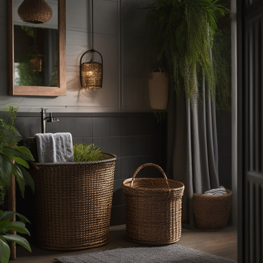 A serene, dimly lit bathroom with earthy tones, featuring a reclaimed wood vanity, woven wicker baskets, and a galvanized metal shower caddy, surrounded by lush greenery and soft, warm lighting.