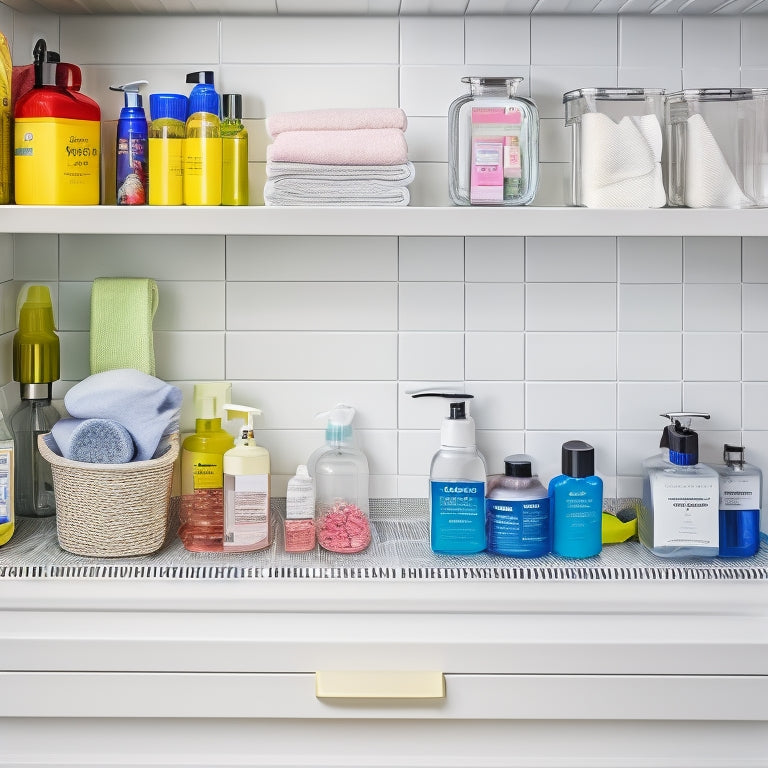 A neatly organized under-sink area showcasing tiered shelves filled with colorful toiletries, clear bins for cleaning supplies, and a compact pull-out drawer, all set against a backdrop of soft, modern bathroom tiles.