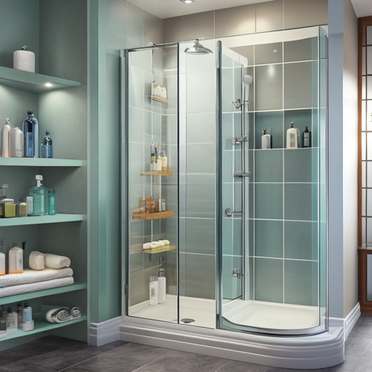 Generate an image of a modern bathroom shower with sleek glass doors, featuring three corner shelves in polished chrome, each holding a different arrangement of soap, shampoo, and decorative bottles.