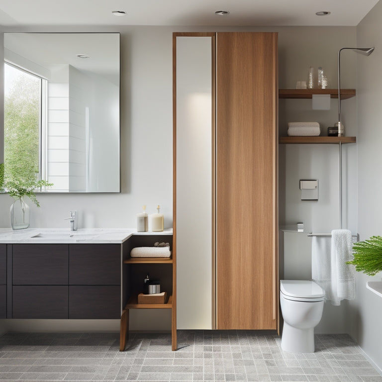 A sleek, modern bathroom with a wall-mounted cabinet featuring sliding glass doors, adjacent to a floating shelf with a few rolled towels, and a recessed medicine cabinet with a mirrored front.