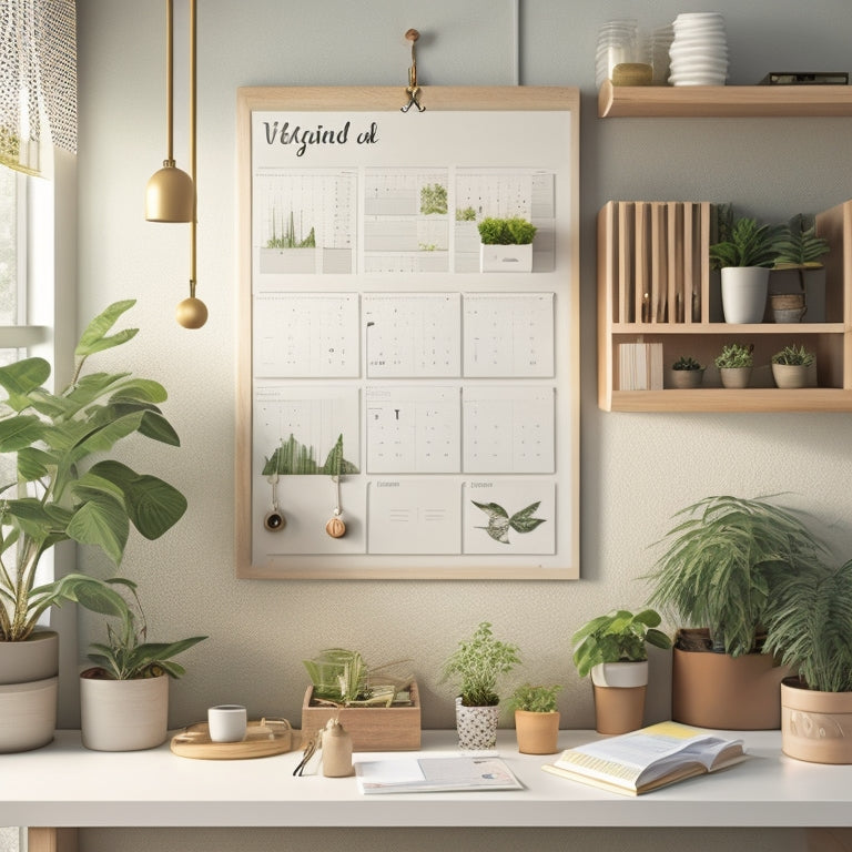 A stylized illustration of a tidy, minimalist home with labeled storage bins, a pegboard with hanging accessories, and a calendar-planner on a desk, surrounded by lush greenery and soft, natural light.