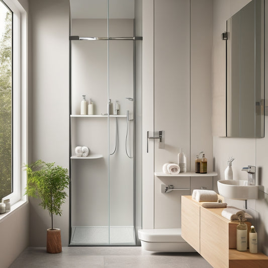 A sleek, minimalist bathroom featuring a modern shower with elegant, wall-mounted organizers. Soft natural light filters through a frosted glass window, illuminating neatly arranged bottles and accessories in muted tones against a clean tile backdrop.