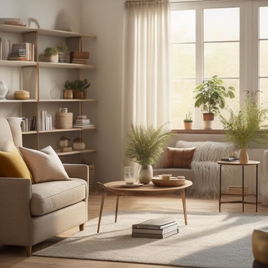 A serene, minimalist living room with a few, carefully placed decorative items, a neatly organized bookshelf, and a tidy workspace, bathed in warm, natural light.