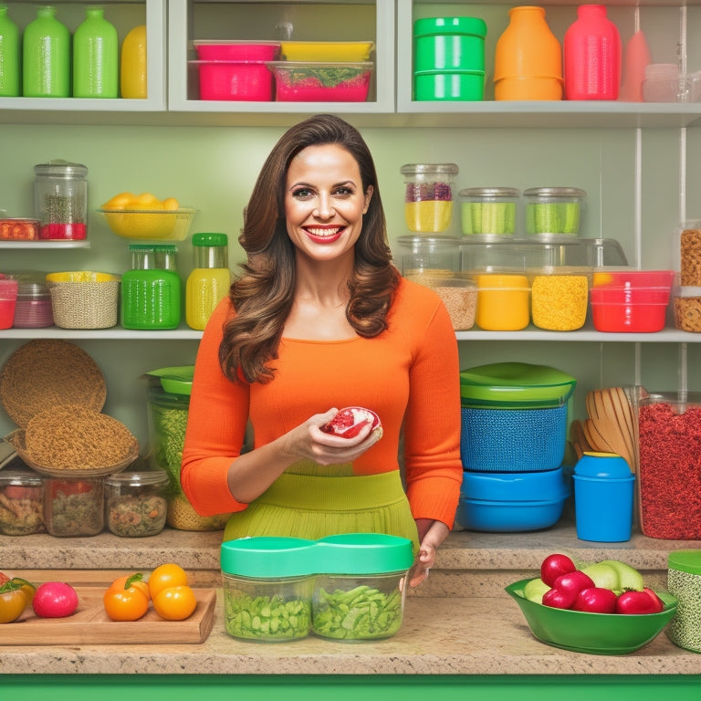 A warm and inviting kitchen scene: Jessica, a smiling woman in her 30s, standing in front of a tidy countertop with a vibrant green wall, surrounded by neatly stacked, colorful food storage containers of various shapes and sizes.