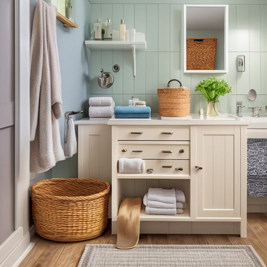 A tidy under-sink bathroom area with a slide-out drawer, woven basket, and a wall-mounted shelf holding toiletries, towels, and a small trash can, surrounded by calming white and gray tones.