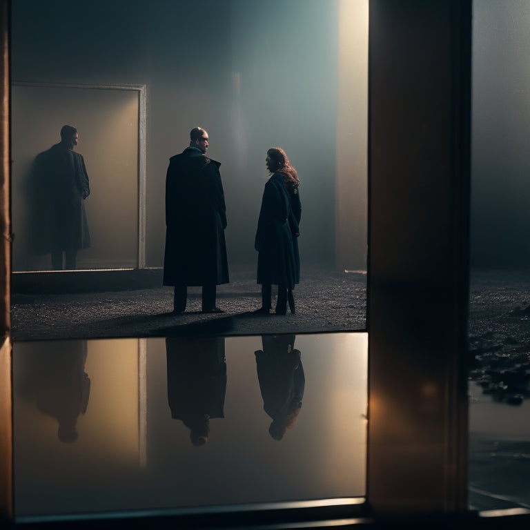 A haunting, muted background with fragmented mirrors, cracked and broken, reflecting distorted silhouettes of people in the shadows, surrounded by faint, eerie light and subtle, ominous shadows.