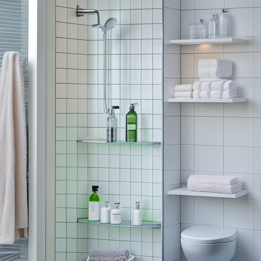 A minimalist, modern shower with white corner shelves holding toiletries and decorative bottles, surrounded by sleek glass doors and a rainfall showerhead, against a calming gray and white tile backdrop.