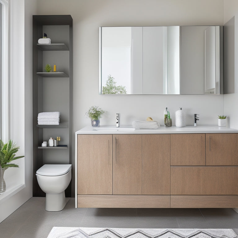 A sleek, modern bathroom with a wall-mounted, sliding mirror cabinet, a recessed shelving unit above the sink, and a pedestal sink with built-in storage beneath it.