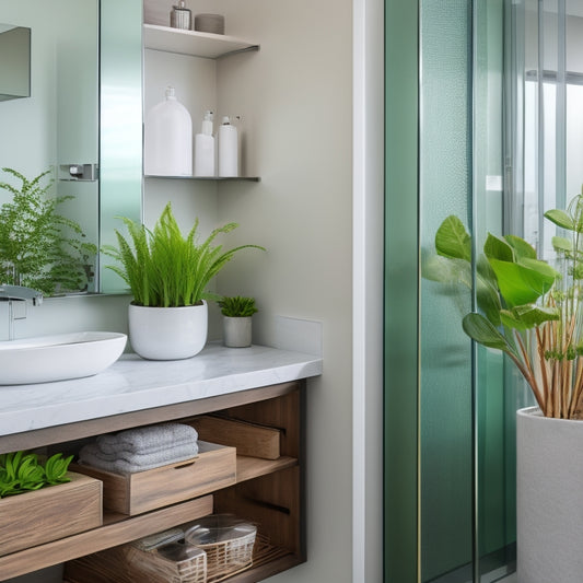 A sleek, modern bathroom with a floor-to-ceiling glass door cabinet, polished chrome handles, and minimalist shelves storing rolled towels, decorative soap dispensers, and a few green plants.