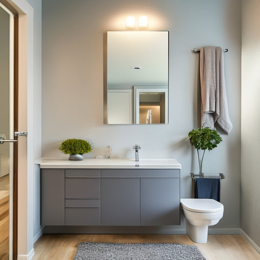 A modern bathroom with a sleek, wall-mounted standing sink vanity in polished chrome, paired with a large, rounded mirror and a minimalist, floor-to-ceiling tile backsplash in soft gray tones.